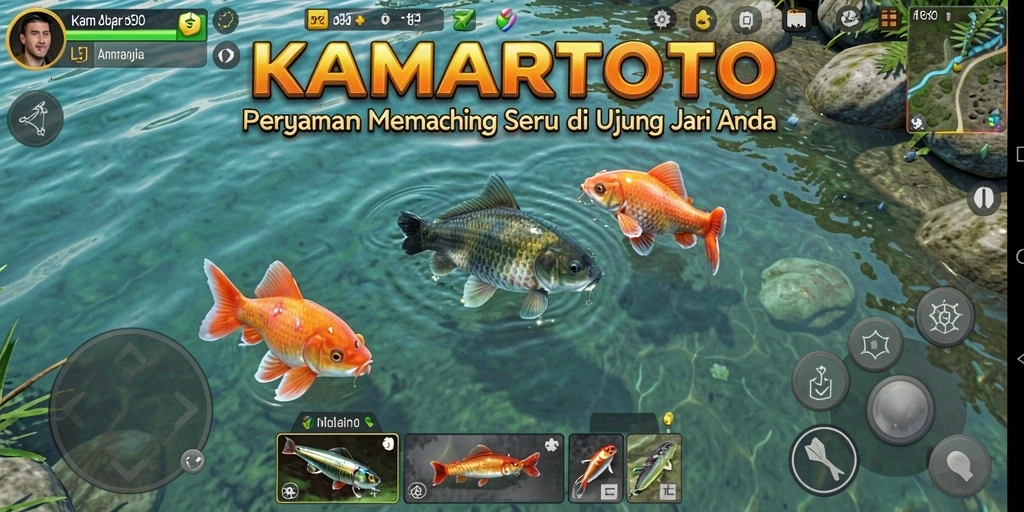 Tampilan gameplay KAMARTOTO yang mengesankan dengan berbagai ikan yang bisa ditangkap.