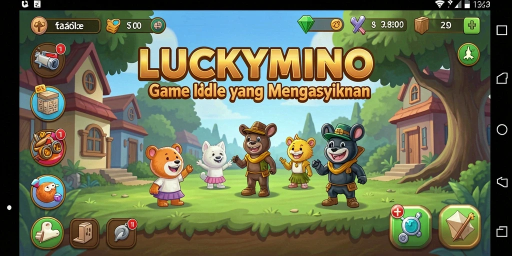 Tampilan gameplay LUCKYMINO yang menampilkan karakter lucu dan berbagai item menarik.