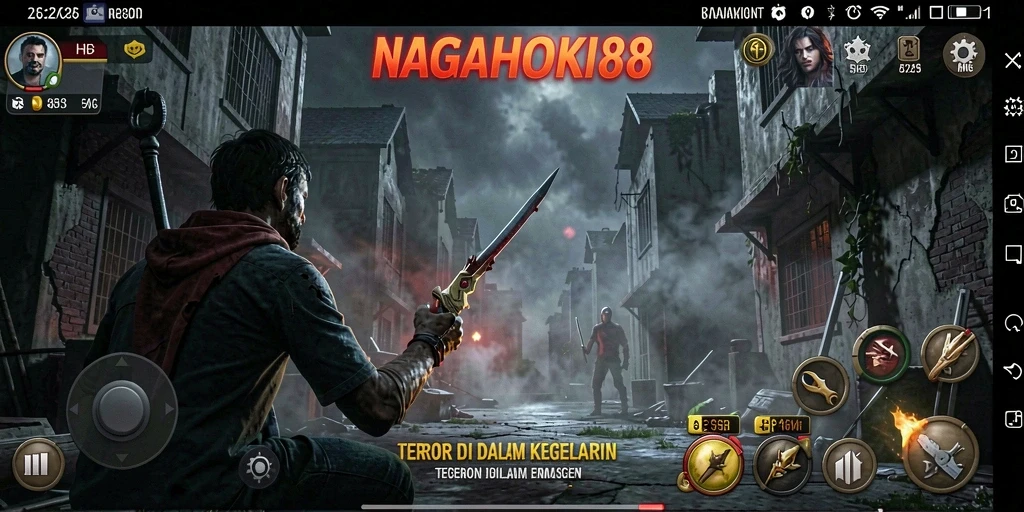 Tampilan gameplay menyeramkan dalam NAGAHOKI88 dengan makhluk menakutkan.