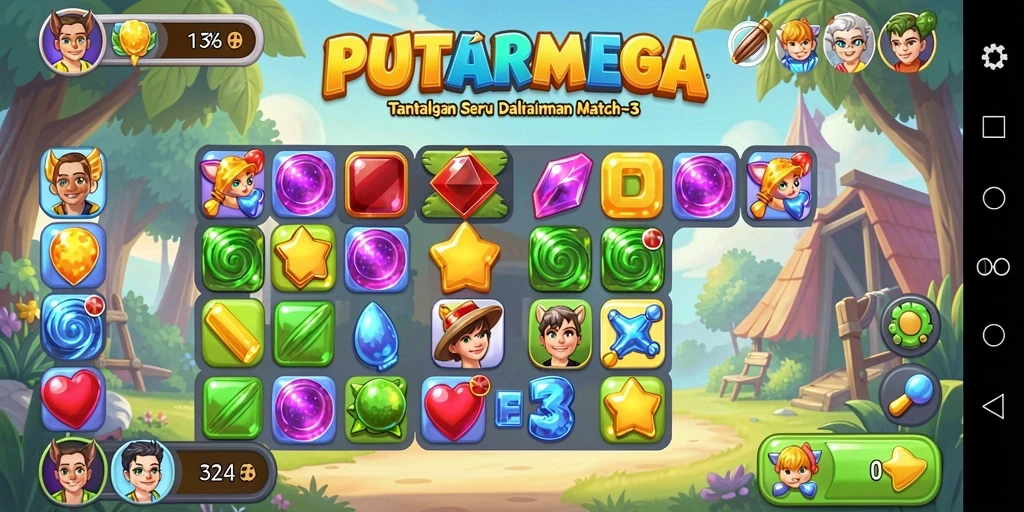 Tampilan gameplay PUTARMEGA yang seru dengan tantangan Match-3.