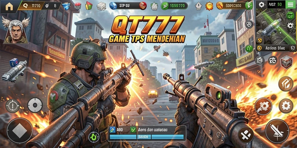 Screenshot gameplay QT777 menampilkan aksi seru dalam pertempuran TPS.