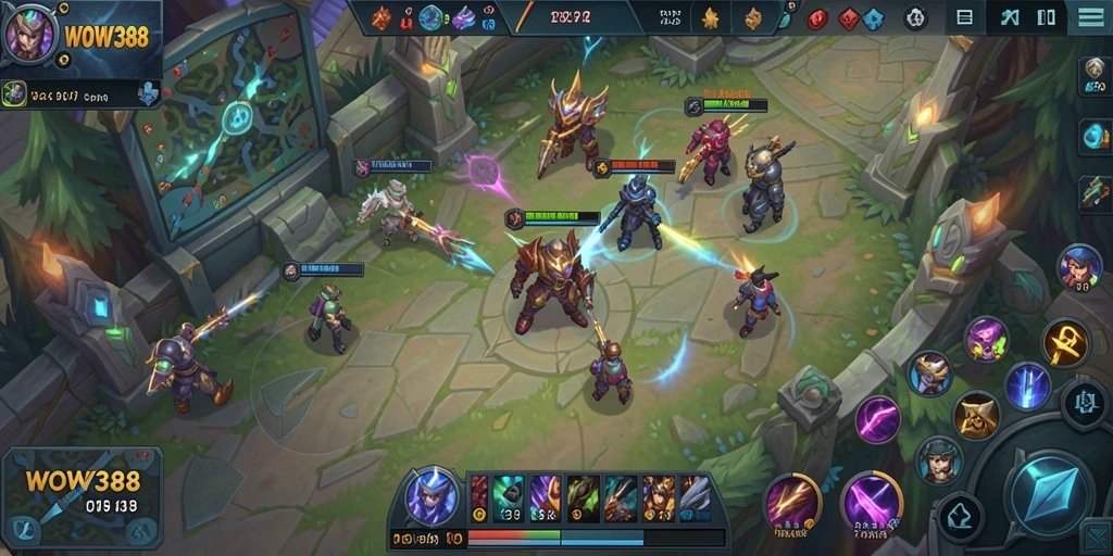 Screenshot gameplay WOW388 menampilkan aksi tim yang seru di arena.